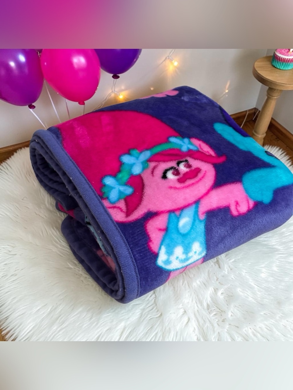 Dreamworks Trolls Fleece Throw Blanket Purple Pink Flowers Poppy Branch 46”x 37”